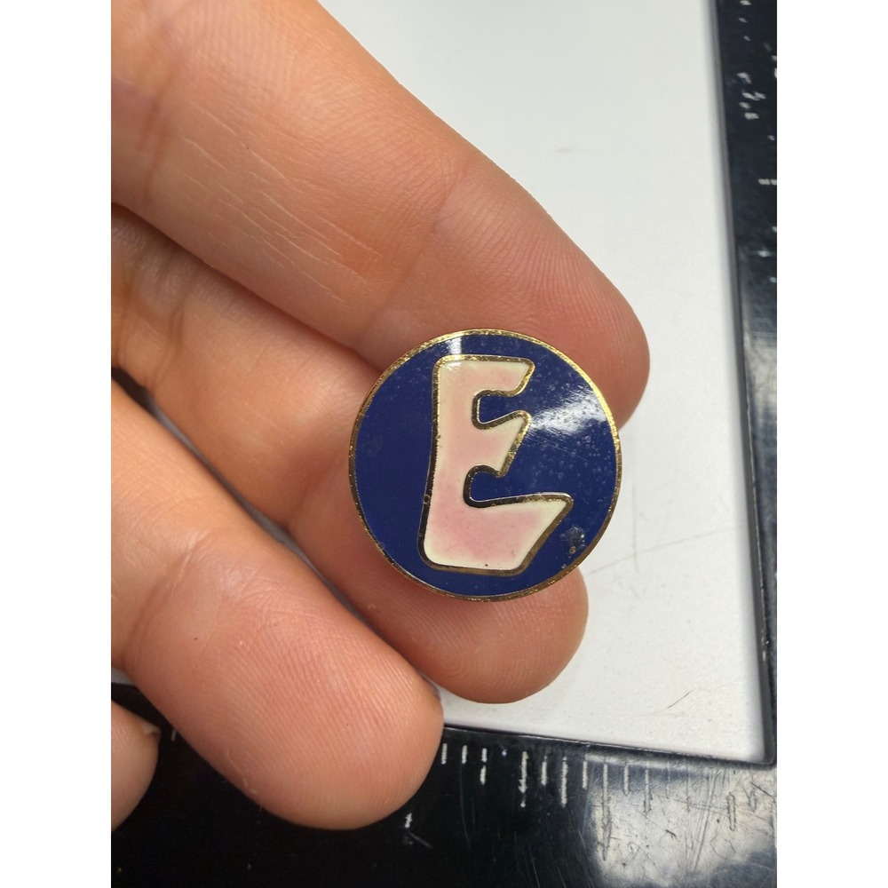 Vintage Letter E Enamel Lapel Pin Gold Tone Blue Monogram Initial Hat Pin